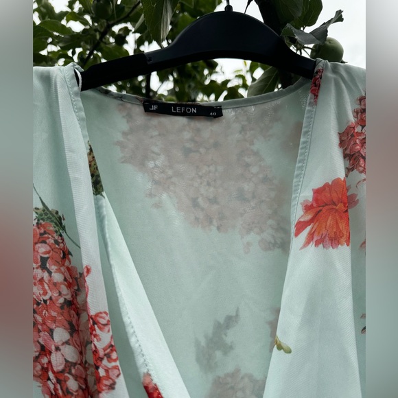 JF LEFON Mint Green Floral Long Sleeve Faux Wrap Belted Mini Dress, Sz L - Picture 14 of 16